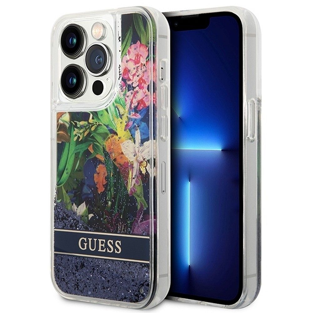 GUESS obal pre iPhone 14 Pro GUHCP14LLFLSB (Flower Liquid Glitter) modrý