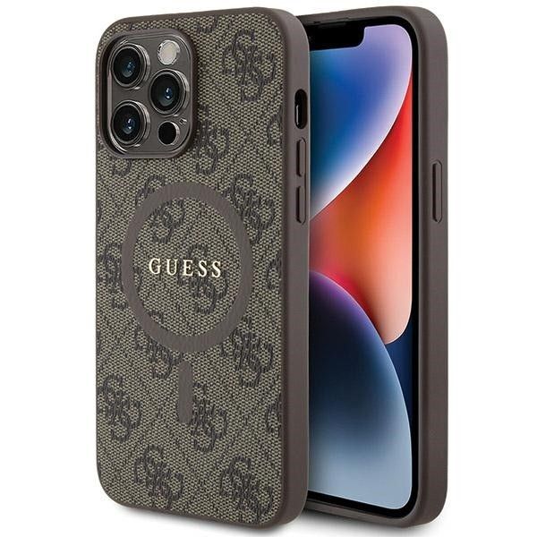 GUESS obal pre iPhone 15 Pro Max s funkciou MagSafe GUHMP15XG4GFRW (4G Ring classic logo) hnedý