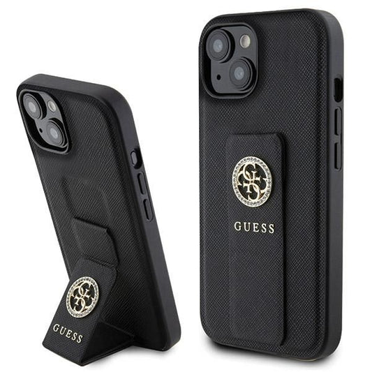 GUESS obal pre iPhone 13 / 14 / 15 GUHCP15SPGSSADK (Grip Stand 4G Saffiano Strass) čierny