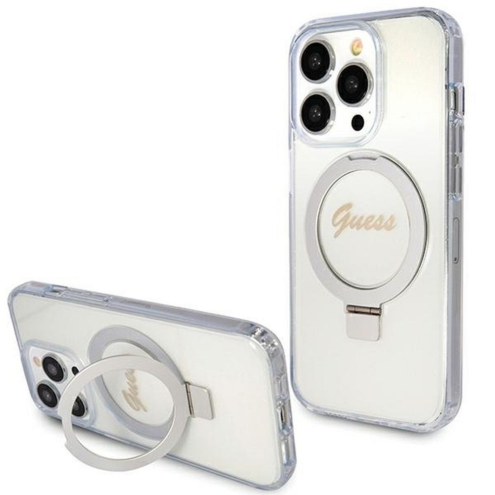 GUESS obal pre iPhone 15 Pro s funkciou MagSafe GUHMP15LHRSGSD (Glitter Script Logo Ring stand) priehľadný