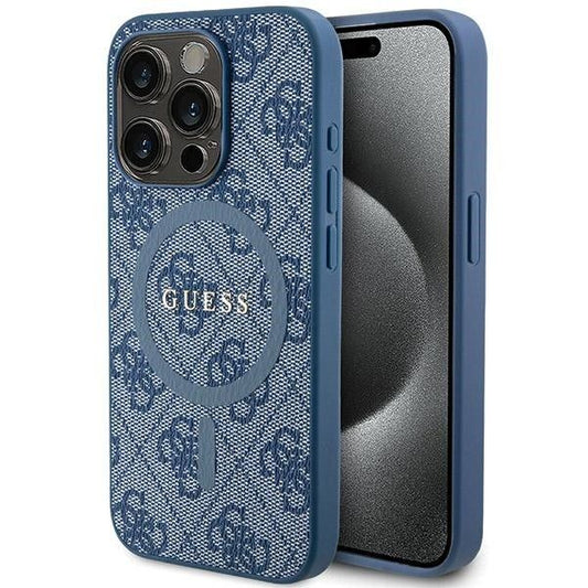 GUESS obal pre iPhone 15 Pro s funkciou MagSafe GUHMP15LG4GFRB (4G Ring classic logo) modrý