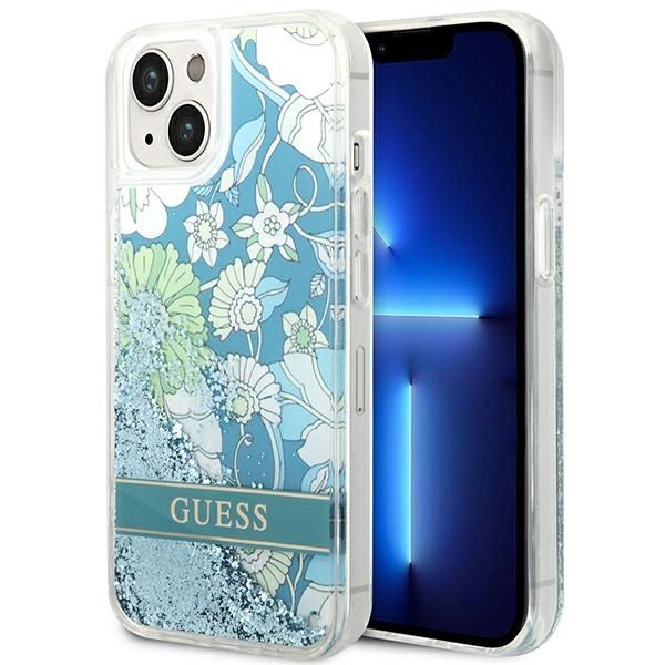 GUESS obal pre iPhone 13 / 14 / 15 GUHCP14SLFLSN (Flower Liquid Glitter) zelný