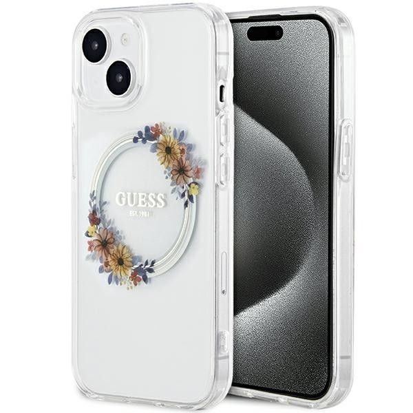 GUESS obal pre iPhone 15 s funkciou MagSafe GUHMP15SHFWFCT (Flowers Wreath) priehľadný