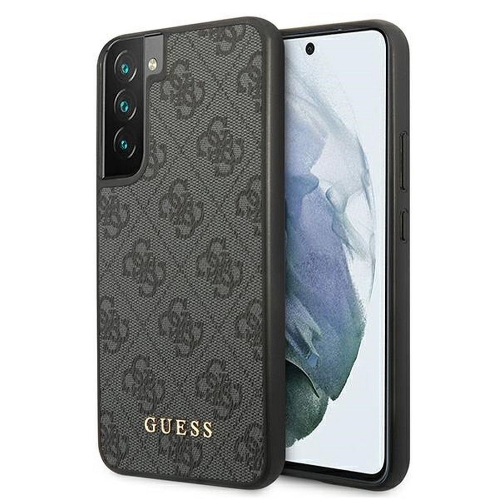 GUESS obal pre SAMSUNG S22 GUHCS22SG4GFGR (4G Metal zlatý Logo) sivý