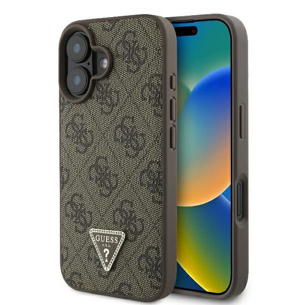 GUESS obal pre iPhone 16 Plus GUHCP16MP4TDPW (PU Leather 4G Triangle Strass) hnedý