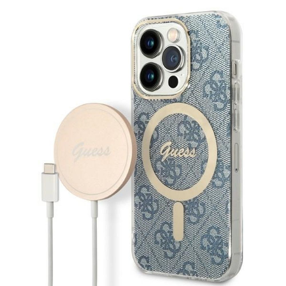 GUESS set pre iPhone 14 Pro s funkciou MagSafe GUBPP14LH4EACSB (Bundle Pack / obal + Charger / 4G) zlatý modrý