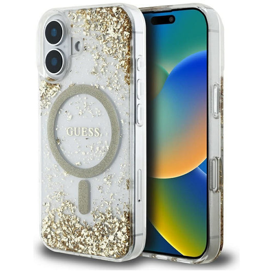 GUESS obal pre iPhone 16 s funkciou MagSafe GUHMP16SRGRGED (Resin Bottom Glitter) zlatý