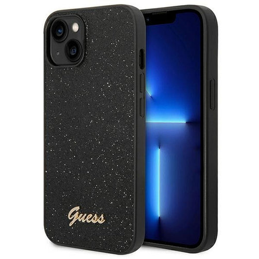 GUESS obal pre iPhone 14 Plus GUHCP14MHGGSHK (Glitter Flakes Script Metal Logo) čierny