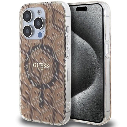 GUESS obal pre iPhone 15 Pro s funkciou MagSafe GUHMP15LHGCUSTGW (IML GCUBE) hnedý