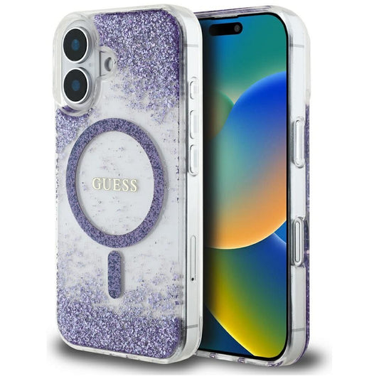 GUESS obal pre iPhone 16 s funkciou MagSafe GUHMP16SRGRGEU (Resin Bottom Glitter) fialový