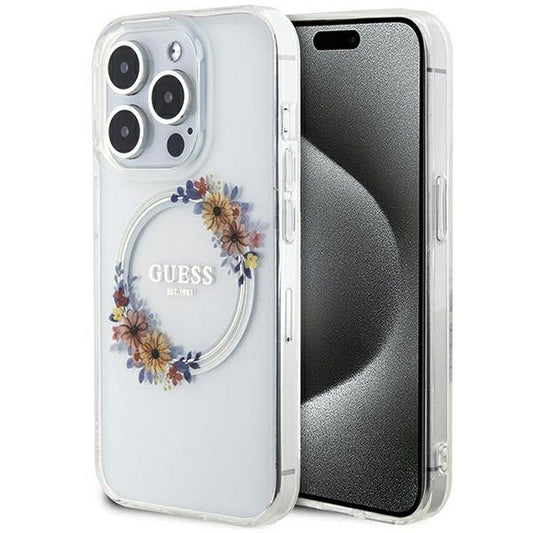 GUESS obal pre iPhone 15 Pro s funkciou MagSafe GUHMP15LHFWFCT (Flowers Wreath) priehľadný