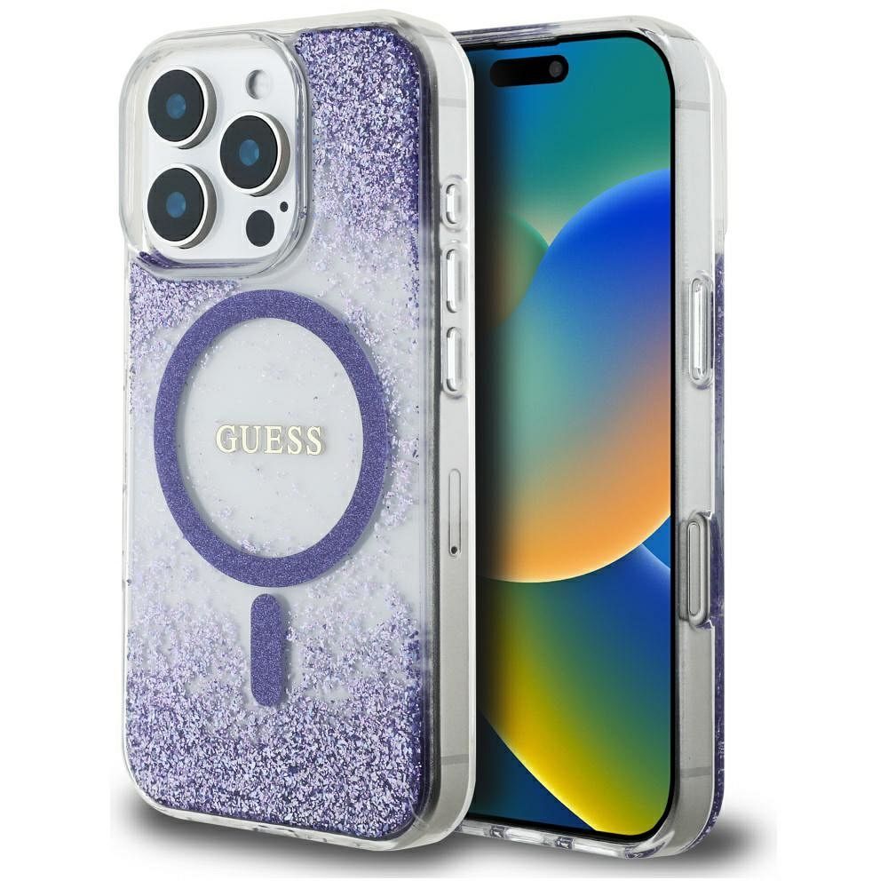 GUESS obal pre iPhone 16 Pro Max s funkciou MagSafe GUHMP16XRGRGEU (Resin Bottom Glitter) fialový