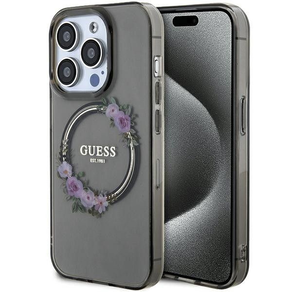 GUESS obal pre iPhone 15 Pro s funkciou MagSafe GUHMP15LHFWFCK (Flowers Wreath) čierny