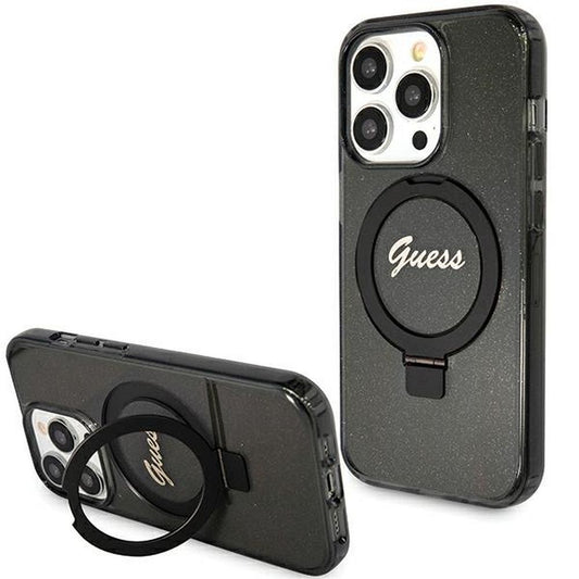 GUESS obal pre iPhone 15 Pro s funkciou MagSafe GUHMP15LHRSGSK (Glitter Script Logo Ring stand) čierny