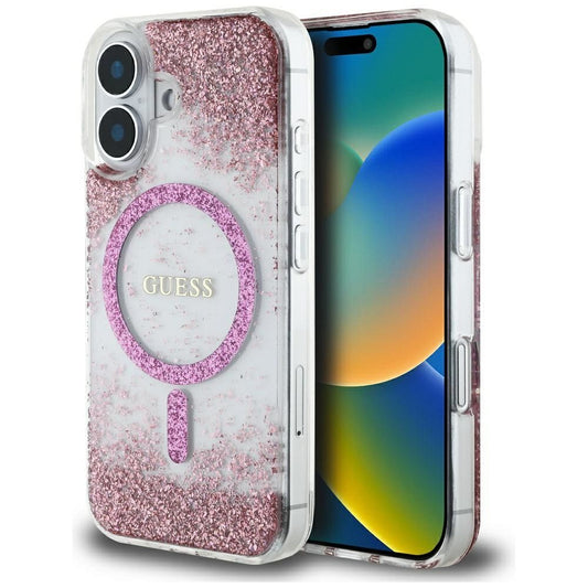 GUESS obal pre iPhone 16 s funkciou MagSafe GUHMP16SRGRGEP (Resin Bottom Glitter) ružový