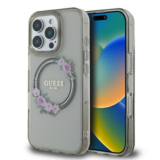 GUESS obal pre iPhone 16 Pro s funkciou MagSafe GUHMP16LHFWFCK (IML Flowers Wreath) čierny