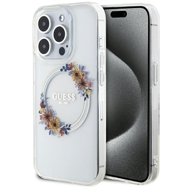 GUESS obal pre iPhone 15 Pro Max s funkciou MagSafe GUHMP15XHFWFCT (Flowers Wreath) priehľadný