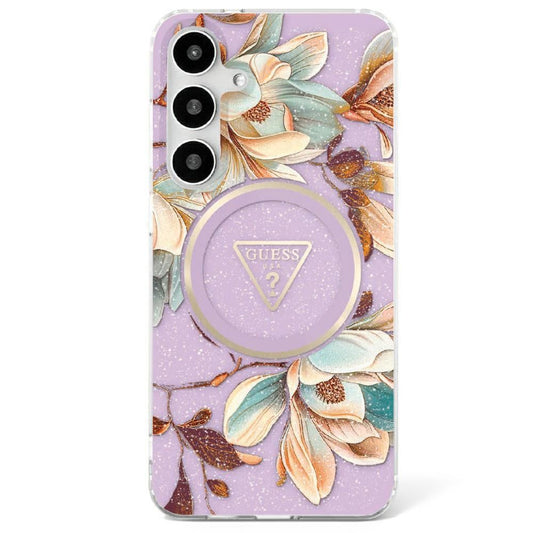 GUESS obal pre SAMSUNG S25 Ultra GUHMS25LHFLPEDU (Magnetic IML Metal Glitter Flowers Triangle) fialový