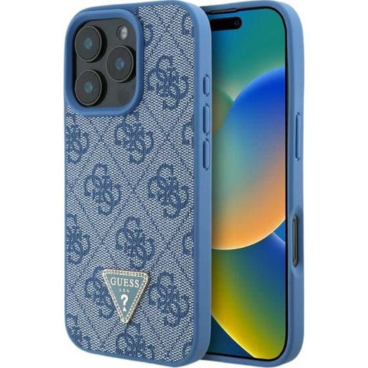 GUESS obal pre iPhone 16 GUHCP16SP4TDPB (PU Leather 4G Triangle Strass) modrý