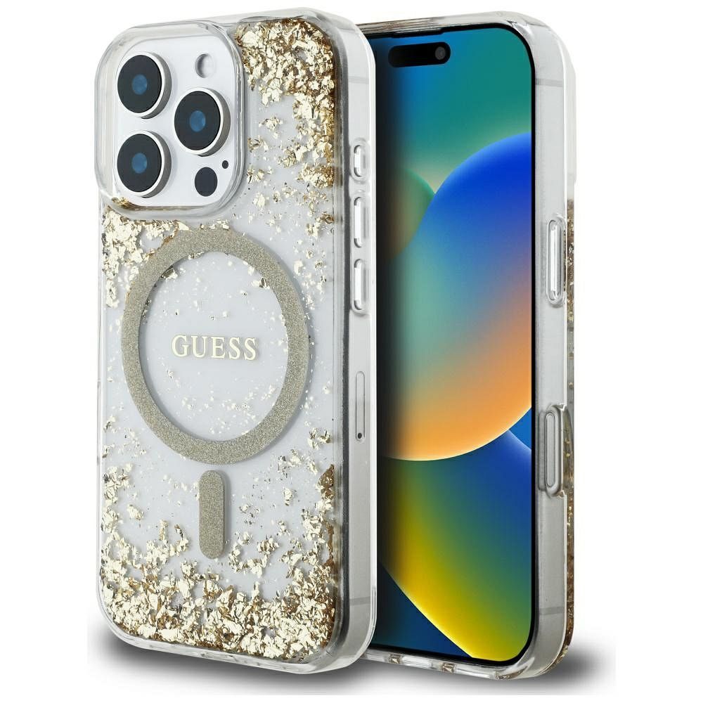 GUESS obal pre iPhone 16 Pro s funkciou MagSafe GUHMP16LRGRGED (Resin Bottom Glitter) zlatý