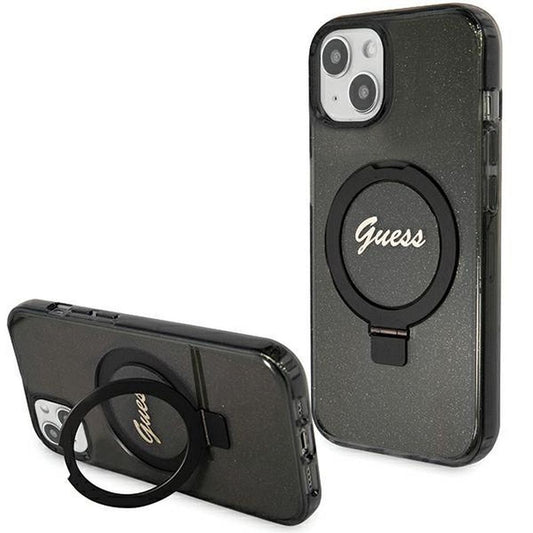 GUESS obal pre iPhone 15 s funkciou MagSafe GUHMP15SHRSGSK (Glitter Script Logo Ring stand) čierny