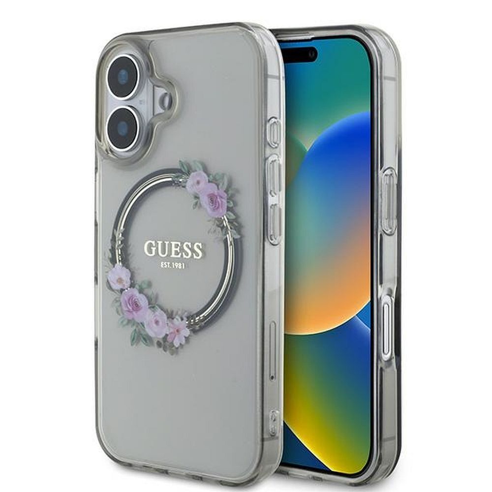 GUESS obal pre iPhone 16 s funkciou MagSafe GUHMP16SHFWFCK (IML Flowers Wreath) čierny