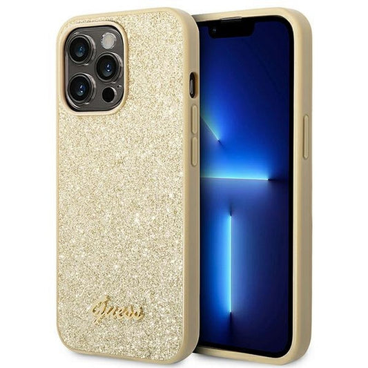 GUESS obal pre iPhone 14 Pro Max GUHCP14XHGGSHD (Glitter Flakes Script Metal Logo) zlatý