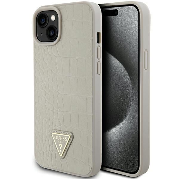 GUESS obal pre iPhone 13 / 14 / 15 GUHCP15SPCRTHCD (Croco Triangle Metal Logo) zlatý