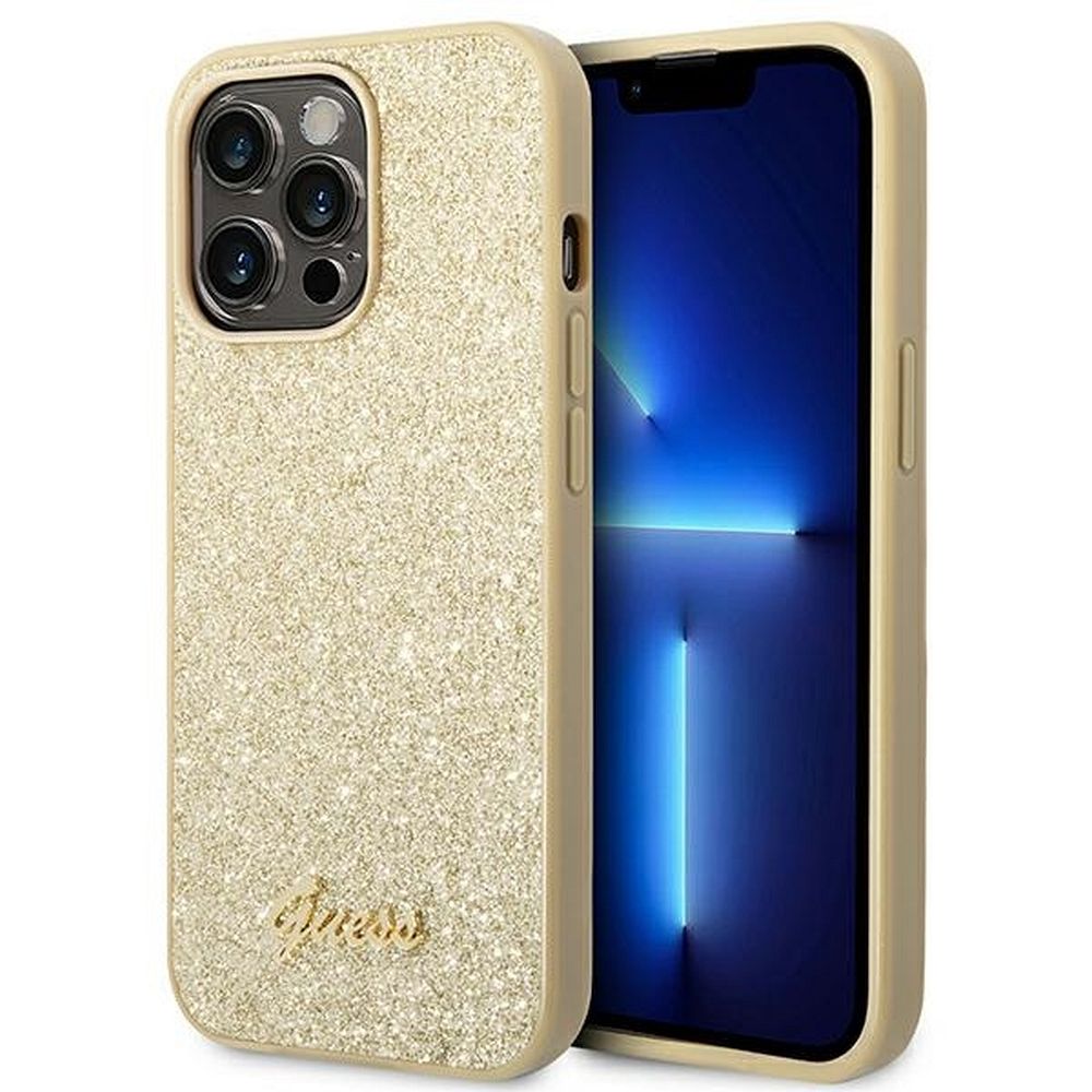 GUESS obal pre iPhone 14 Pro GUHCP14LHGGSHD (Glitter Flakes Script Metal Logo) zlatý