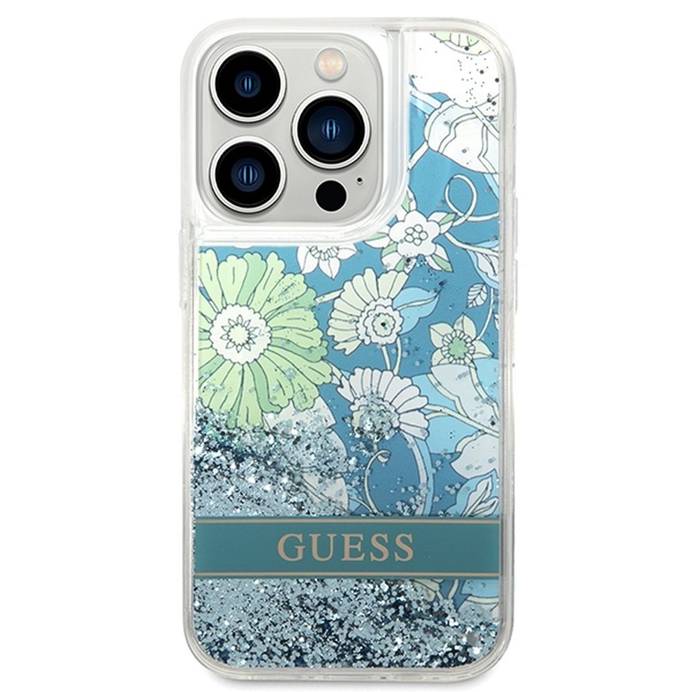 GUESS obal pre iPhone 14 Pro GUHCP14LLFLSN (Liquide Glitter Flower) zelný