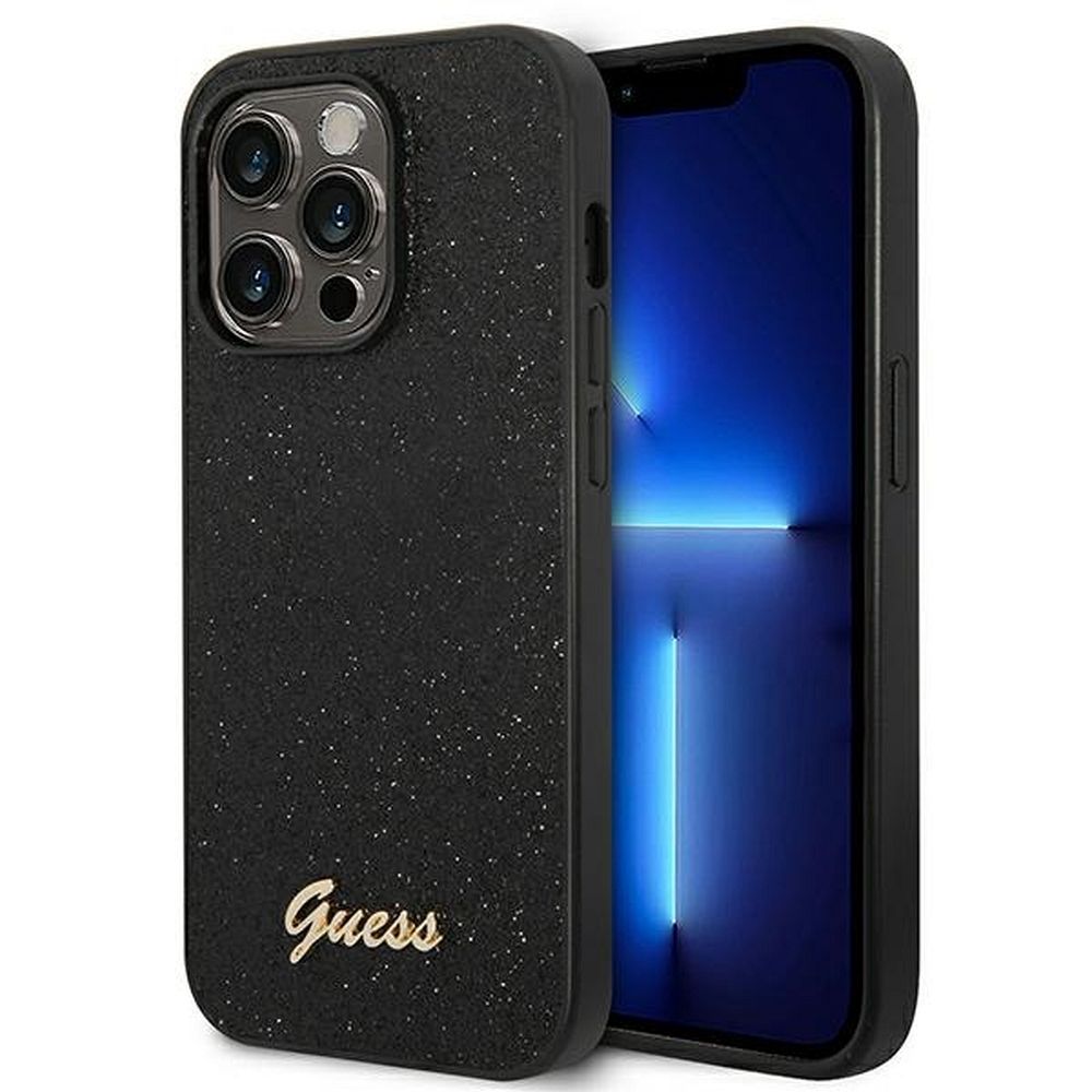 GUESS obal pre iPhone 14 Pro GUHCP14LHGGSHK (Glitter Flakes Script Metal Logo) čierny