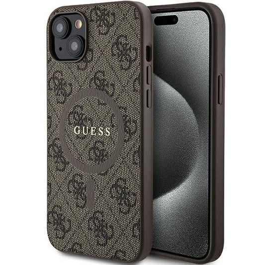 GUESS obal pre iPhone 15 s funkciou MagSafe GUHMP15SG4GFRW (4G Ring classic logo) hnedý