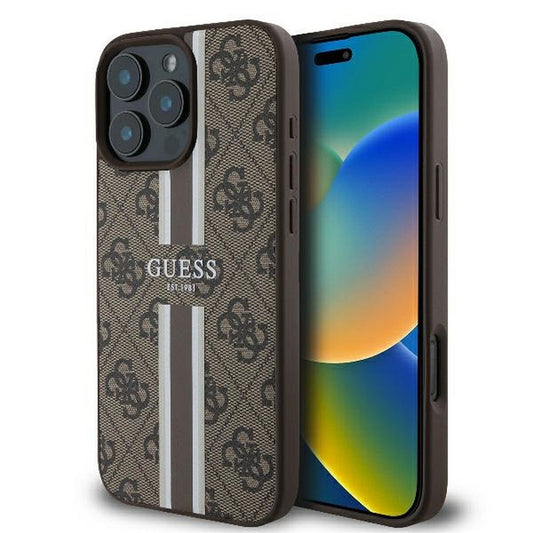 GUESS obal pre iPhone 16 Pro s podporou MagSafe GUHMP16LP4RPSW (4G Printed Stripes) hnedý