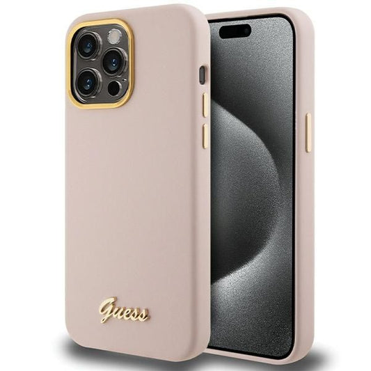 GUESS obal pre iPhone 15 Pro GUHCP15LSMBSLP (Silicone Script Metal Logo & Frame) ružový