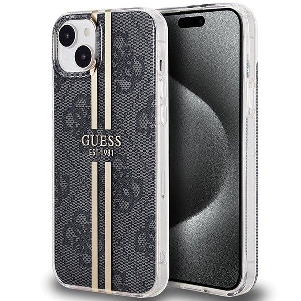 GUESS obal pre iPhone 15 GUHCP15SH4PSEGK (4G zlatý Stripe) čierny