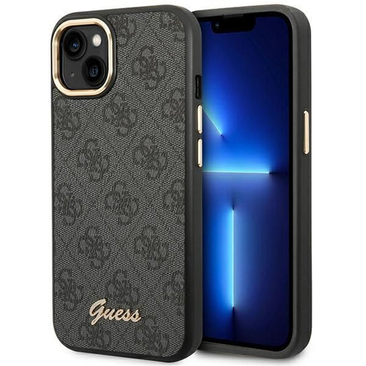 GUESS obal pre iPhone 13 / 14 / 15 GUHCP14SHG4SHK (4G Vintage zlatý Logo) čierny